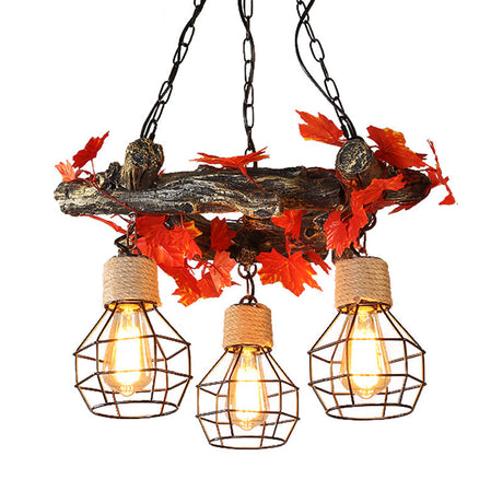 Industrial Metal Led Ceiling Chandelier With 3 Bulbs In Vibrant Red/Pink/Green - Flower/Plant/Maple