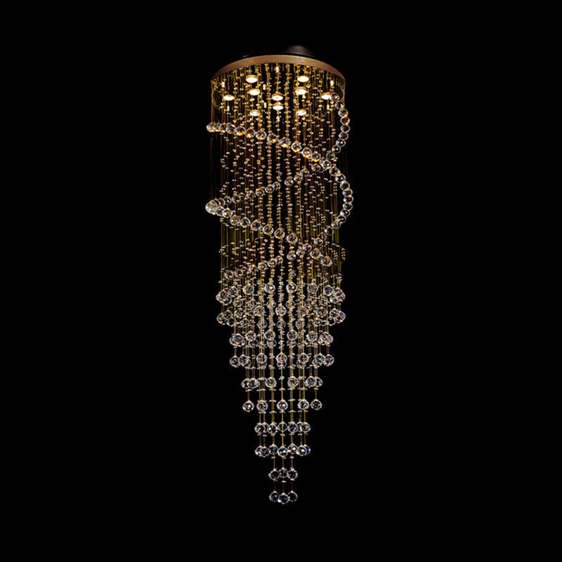 Modern Brass Clear Crystal Led Pendant Lamp With 10-Head Spiral Cascades