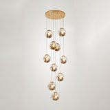 Contemporary Gold Ball Chandelier With Amber Dimpled Glass Pendant Bulbs - 10-Bulb Multi-Light For