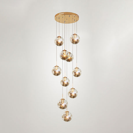 Contemporary Gold Ball Chandelier With Amber Dimpled Glass Pendant Bulbs - 10-Bulb Multi-Light For