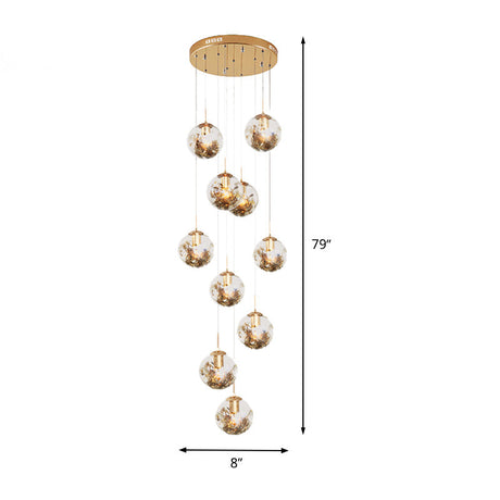Contemporary Gold Ball Chandelier With Amber Dimpled Glass Pendant Bulbs - 10-Bulb Multi-Light For