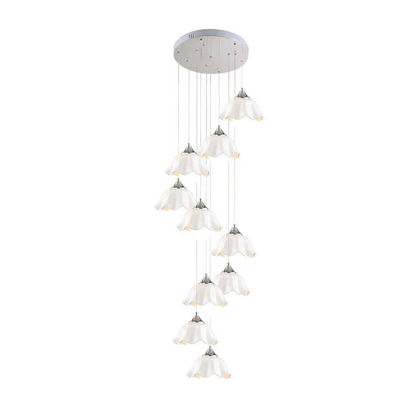 Contemporary White Glass Scalloped Pendant Lights - 10-Light Multi Lamp For Living Room