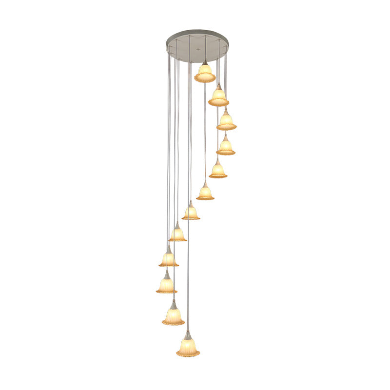 Modern Spiral Design 12-Light White Glass Flower Pendant Ceiling Lamp For Stair Hanging
