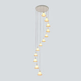 Modern Spiral Design 12-Light White Glass Flower Pendant Ceiling Lamp For Stair Hanging