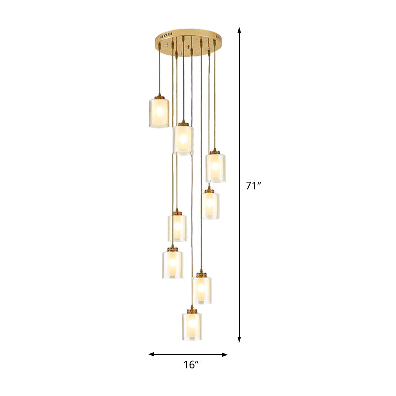 Modernist Glass Multi Lamp Pendant - 8 Heads Clear And White Cylinder Design