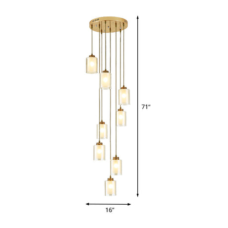 Modernist Glass Multi Lamp Pendant - 8 Heads Clear And White Cylinder Design