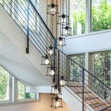 Minimalist Metallic Cube Stair Pendant With 10 Black Bulbs