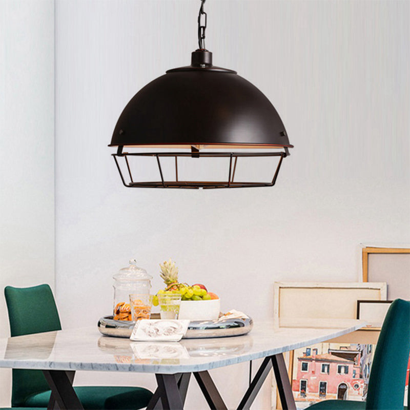 Vintage Dome Pendant Lamp - Iron Hanging Light Fixture For Dining Room In Black/Aged Silver Black