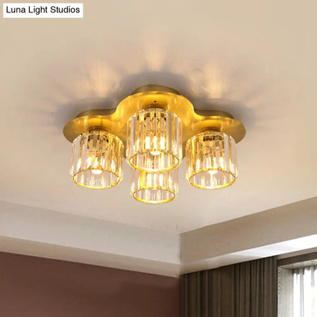 4 - Head Crystal Block Flush Ceiling Light Fixture In Black/Gold - Simple Cylinder Design