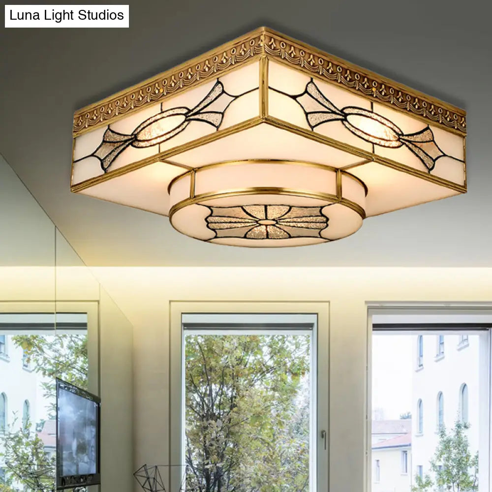 4 - Light Colonial Square Opal Glass Flush Mount Gold Kitchen Lighting Fixture