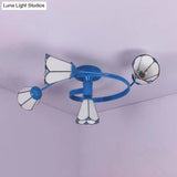 4-Light Tiffany Style Stained Glass Cone Semi Flush Ceiling Light In White/Blue For Living Room