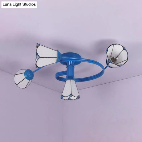 4-Light Tiffany Style Stained Glass Cone Semi Flush Ceiling Light In White/Blue For Living Room