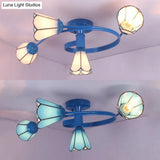 4-Light Tiffany Style Stained Glass Cone Semi Flush Ceiling Light In White/Blue For Living Room