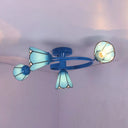 4-Light Tiffany Style Stained Glass Cone Semi Flush Ceiling Light In White/Blue For Living Room Blue
