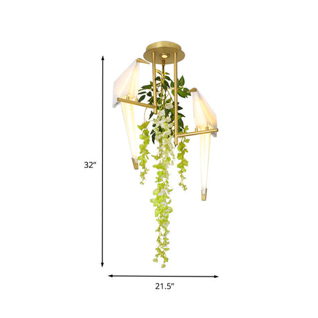 Industrial Led Geometric Ceiling Light Fixture In Gold With Metal Plant Design - Perfect For