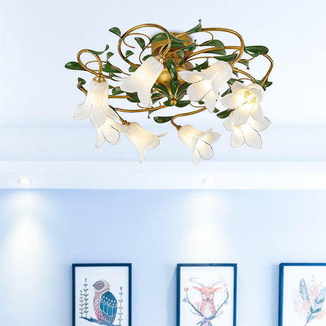Countryside Lily/Tulip Metal Ceiling Fixture Led Flush Mount Lighting - 6/8 Bulbs Brass Finish