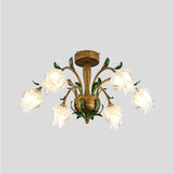 Brass Metal Led Ceiling Light: Countryside Flower Style 6/8/10 Bulbs Semi Flush Mount For Bedroom