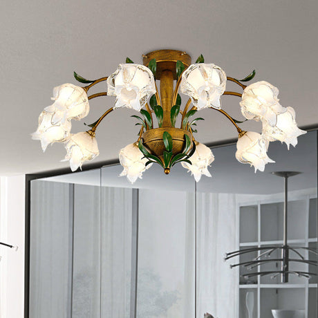 Brass Metal Led Ceiling Light: Countryside Flower Style 6/8/10 Bulbs Semi Flush Mount For Bedroom 10