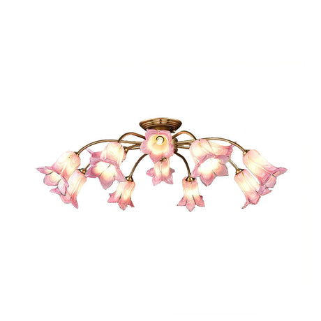 10-Head Led Semi Flush Mount Ceiling Light For Bedroom With Pastoral Lily/Tulip Glass Shade -