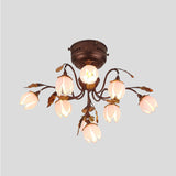 Lotus Metal Ceiling Lamp - 9-Bulb Semi Flush Mount In Dark Brown Perfect For Living Rooms And