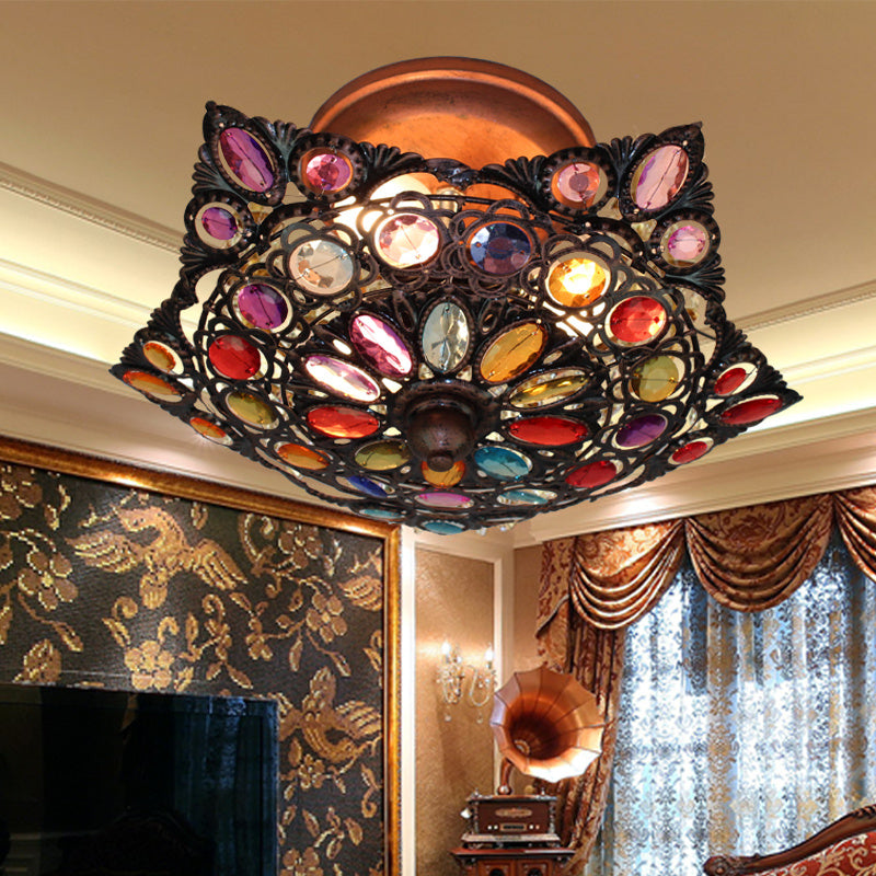 Hollow Traditional Brass Flush Mount Ceiling Fixture - Metal 3-Headed Living Room Lighting