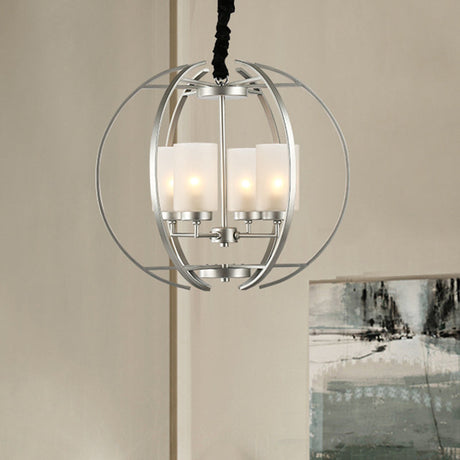 Contemporary Frosted Glass Cylinder Pendant Light With 4-Head White Up Chandelier And Sphere Frame