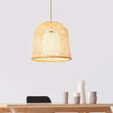 Bamboo Bell Pendant Light With White Fabric Shade - Wood Hanging Lamp Kit
