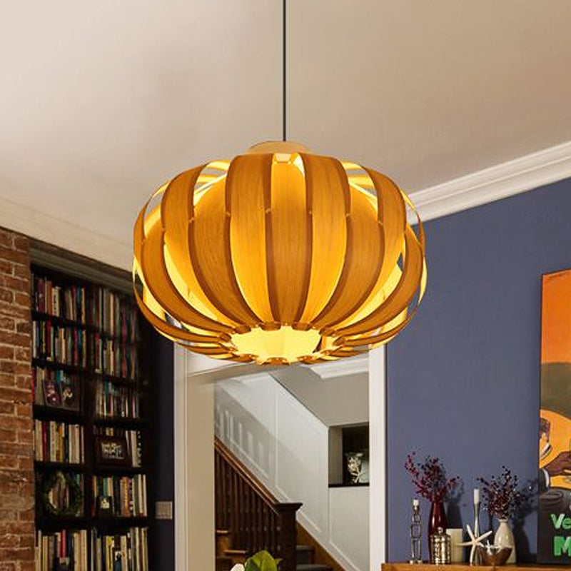 Beige Lantern Pendant Light With Wooden Shade - Modern 1-Bulb Fixture