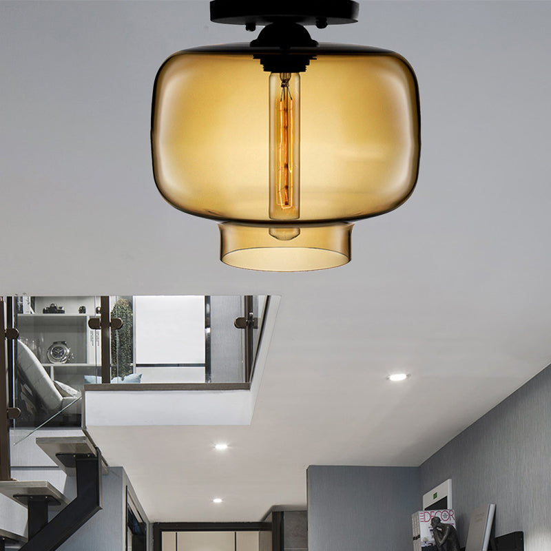 Modern Multi-Colored Lantern Flushmount Light With Glass Shade - Black Finish