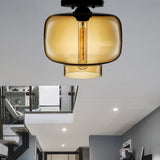 Modern Multi-Colored Lantern Flushmount Light With Glass Shade - Black Finish