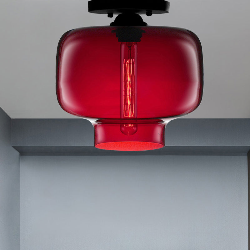 Modern Multi-Colored Lantern Flushmount Light With Glass Shade - Black Finish