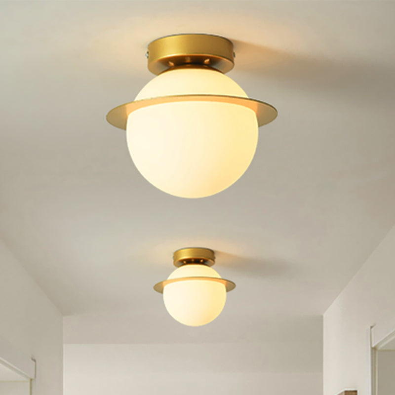 Nordic 1-Bulb Flush Mount Ceiling Light In Gold Finish With White Glass Globe