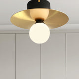 Modern Milk Glass Ceiling Light Fixture With Gold Disk - Contemporary 1-Bulb Lighting For Living