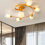 Curly Nordic Iron Semi Flush Mount Ceiling Light With Glass Shades In Grey/Pink/Yellow - 4/6-Head