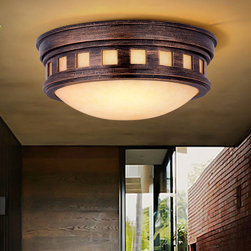Rustic Metal Drum Flush Mount Ceiling Light With Opal Glass Bronze/Gold Outdoor Porch Lighting Gold
