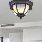 Opal Glass Industrial Flush Ceiling Light - Outdoor Black Mount With 2 Lights