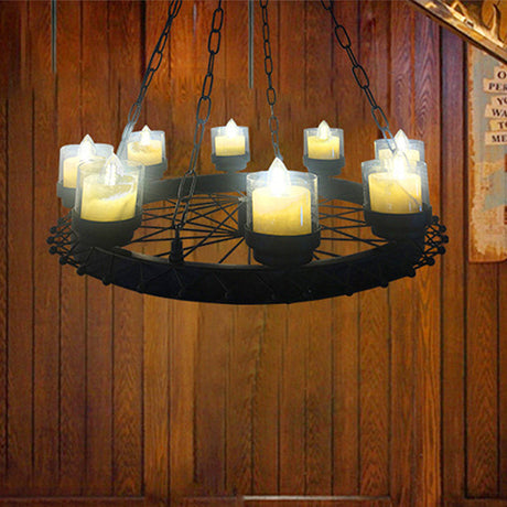 Vintage Iron Chandelier With 8-Light Cylinder Shade And Wheel - Black Restaurant Lighting