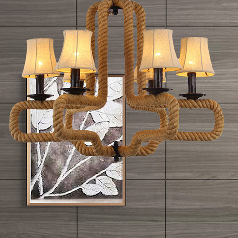 Loft Style 6-Head Brown Chandelier Light With Fabric Bell Shades And Rope Detail - Ideal For