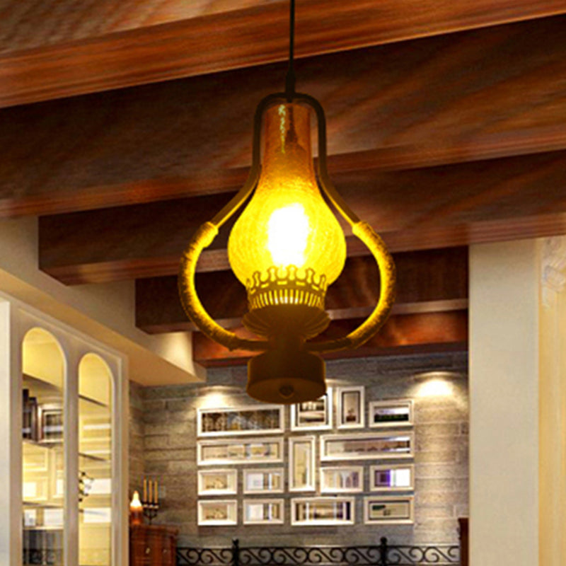 Vintage Yellow Crackle Glass Kerosene Pendant Ceiling Light - Black 1-Light For Living Room