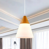 Modern Cone Milk Glass Suspension Pendant - Natural Wood Hanging Light Fixture (1-Light 5/7.5/10.5