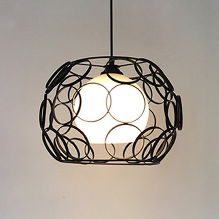 Vintage Black/White Metal Pendant Light With Opal Glass Globe Shade Black