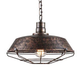 Wire Cage Pendant Light With Rustic Barn Shade - 1 Iron Fixture In Antique Brass/Rust 10-18 Width