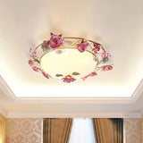 Rustic Metal Bowl Ceiling Lamp With Flower Decor - Flush Mount Light Fixture For Dining Room White