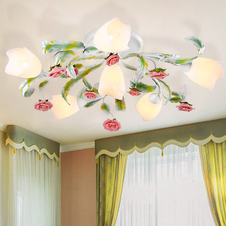 Rose Living Room Semi-Flush Mount Pastoral Ceiling Lamp - Green/White 4/6/9 Heads