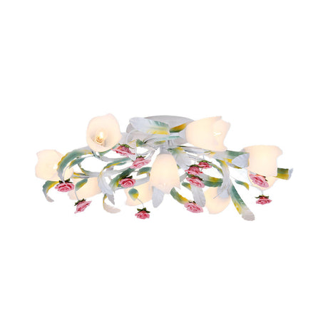 Rose Living Room Semi-Flush Mount Pastoral Ceiling Lamp - Green/White 4/6/9 Heads