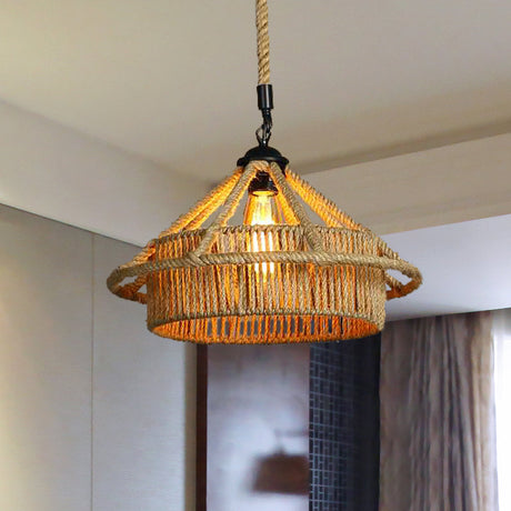 Vintage Beige Straw Hat Rope Pendant Light - Coffee Shop Hanging Lamp