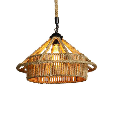 Vintage Beige Straw Hat Rope Pendant Light - Coffee Shop Hanging Lamp