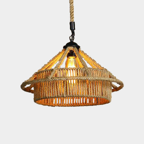 Vintage Beige Straw Hat Rope Pendant Light - Coffee Shop Hanging Lamp