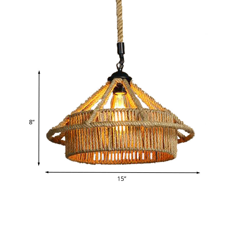 Vintage Beige Straw Hat Rope Pendant Light - Coffee Shop Hanging Lamp