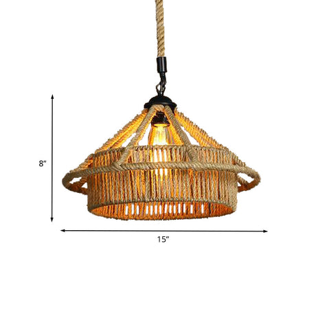 Vintage Beige Straw Hat Rope Pendant Light - Coffee Shop Hanging Lamp